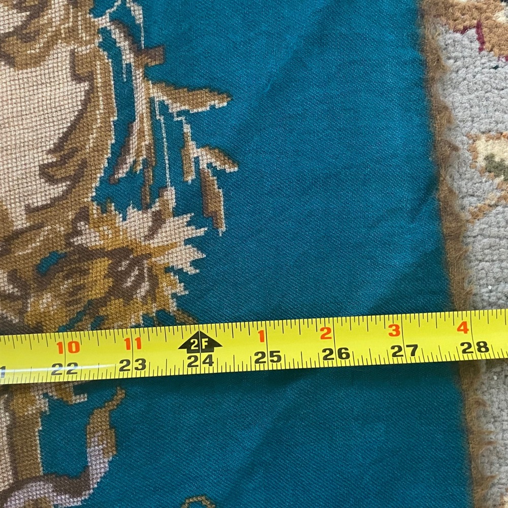 Vintage Glentex Teal Floral Tapestry Square Scarf Fringed Edge Victorian Style - Picture 12 of 13